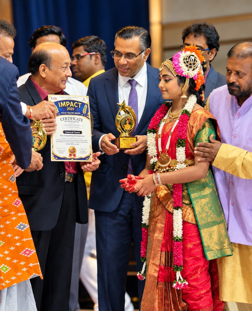 Award ceremony attendees on stage, celebrating the INPACT International Peace & Talent Awards